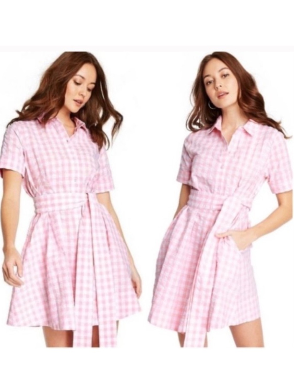 Lisa Marie Fernandez 100% Cotton Pink Gingham Button-Front Tie-Waist Mini Dress